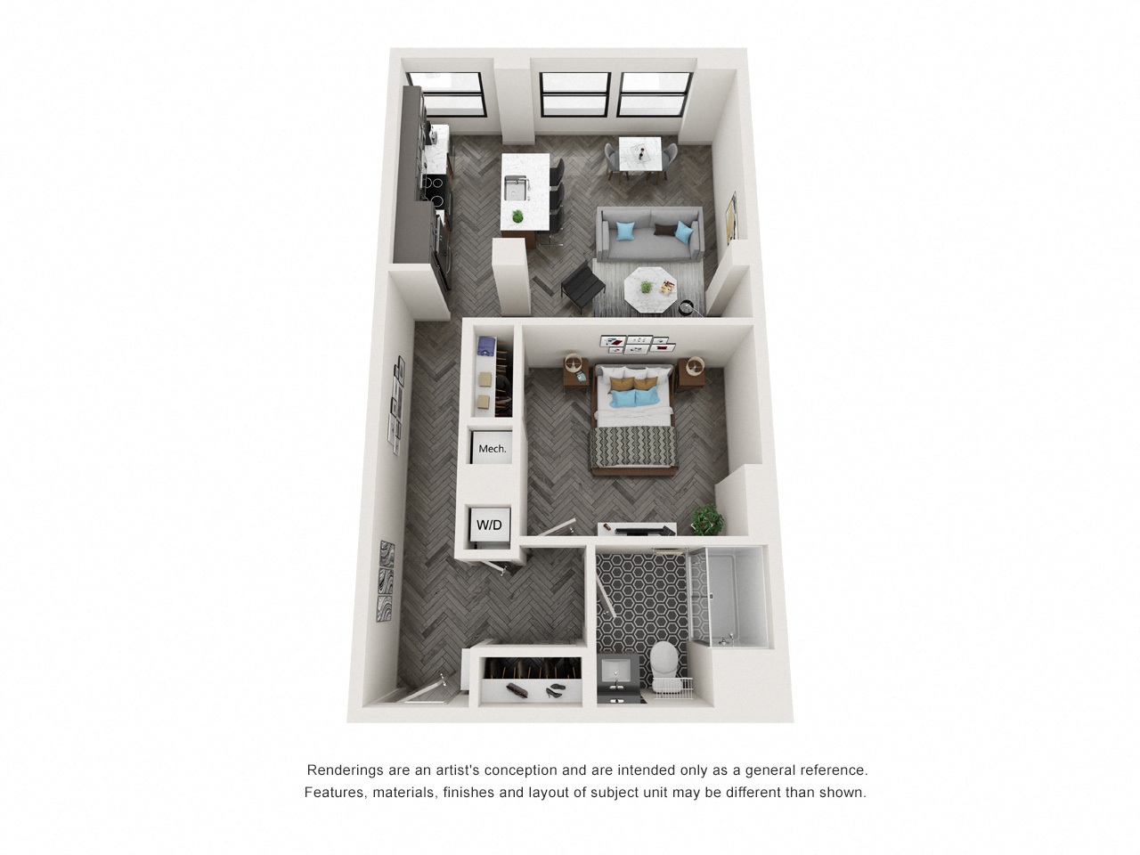 Floor plan for 1 bed, 1 bath, 676 sqft